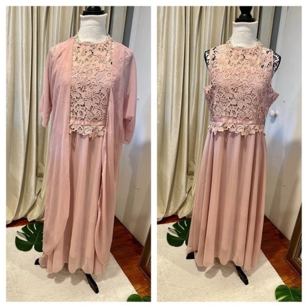 Stunning, dusty, pink lace gown with satin ribbon and chiffon swing skirt& wrap